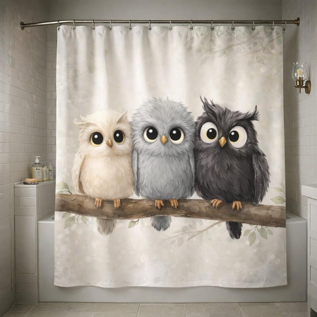 Owl Shower Curtain Cute Woodland Animals Bathroom Decor Cartoon Bird ...