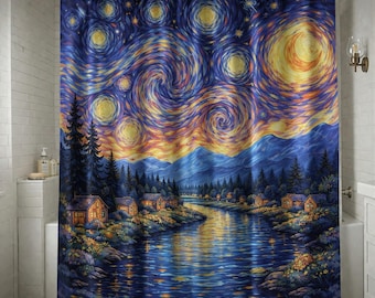 Cortina de ducha Noche estrellada, decoración de baño con cielo arremolinado, inspirada en Van Gogh, cortina de pueblo fluvial, juego de baño galaxia, paisaje nocturno de cabaña
