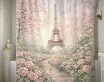 Paris Floral Shower Curtain Eiffel Tower Pink Rose Bathroom Decor Romantic French Garden Bath Curtain Cottagecore Paris Bathroom Art