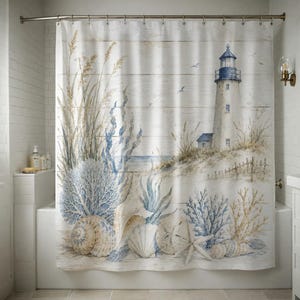 Nautical Lighthouse Shower Curtain Coastal Bathroom Decor Beach Shell Ocean Watercolor Rustic Farmhouse Sea View Bathroom Curtain Waterproof