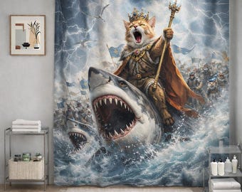 Cortina de ducha de gato de fantasía épica, rey guerrero, gato montando tiburón, arte animal mítico, decoración de baño, dramática escena de batalla oceánica, arte felino único