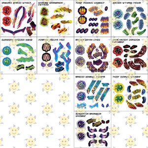 May include: A collection of eleven sets of colorful adhesive stickers for spinning top toys, each labeled with names like Samurai Ifraid, Shinobi Saramanda, Thief Phoenic, Archer Wyvang, Guardian Revizer, Pirates Orojya, Archer Gryph, Dark Knight Dragoon, Bandid Genbull, Thief Girago, and Gladiator Bahamdia.