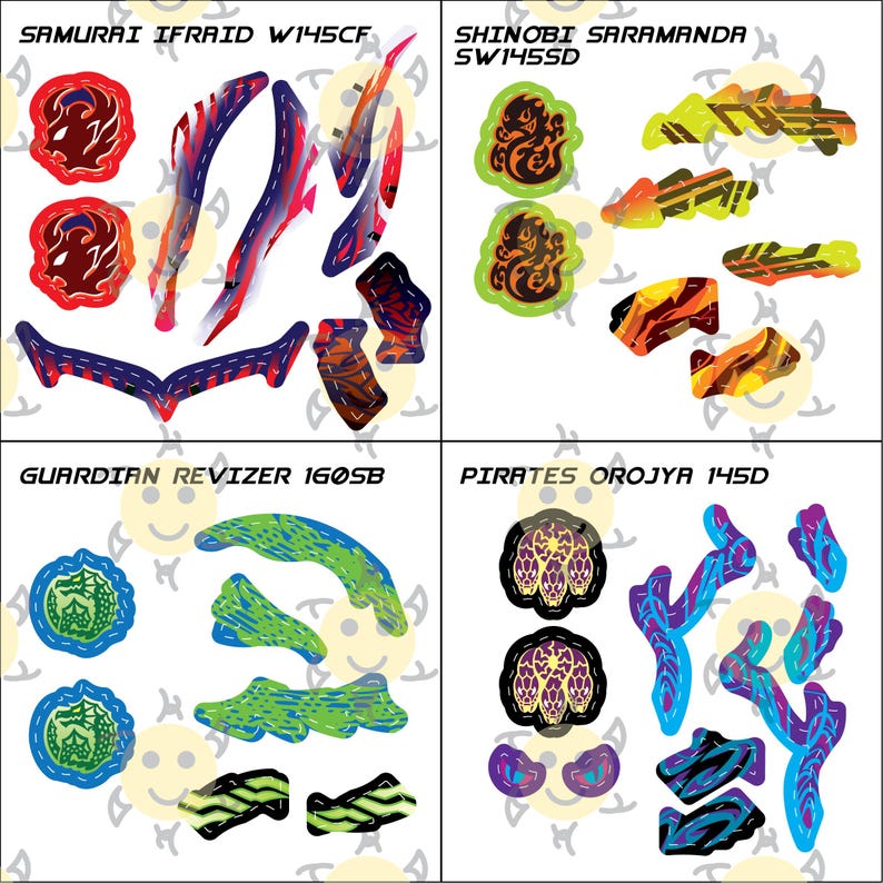 May include: Four sets of colorful, abstract sticker designs. Each set is labeled with a name and code: Samurai Ifraid, Shinobi Saramanda, Guardian Revizer, and Pirates Orojya. The stickers feature various shapes and color combinations, including red, blue, green, and yellow.