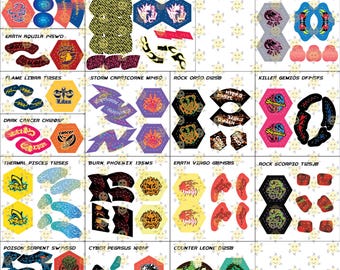 Può includere: Una collezione di fogli di adesivi colorati per giocattoli Beyblade, con vari design come Storm Pegasus, Rock Leone e Flame Saggitario. Ogni sezione include etichette esagonali e decalcomanie curve con grafiche, nomi e simboli unici stampati in vari colori su uno sfondo bianco.