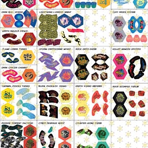 May include: A collection of colorful sticker sheets featuring various graphic designs, logos, and text labels for toy spinning tops. The stickers include names like Storm Pegasus, Rock Leone, Flame Saggitario, and others, arranged in a grid layout.