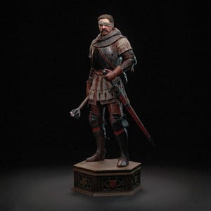 May include: A detailed figurine of a medieval knight in full armour, holding a mace and a sword. The knight wears a blindfold and stands on a decorative wooden base. The armour is detailed with red and silver accents, and the figure has a serious expression.