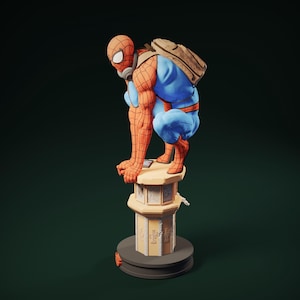 May include: A detailed figurine of Spider-Man in a crouching pose, wearing his signature red and blue suit, a backpack, and a mask. The figure is perched atop a decorative, beige column with intricate carvings. The base is dark gray.
