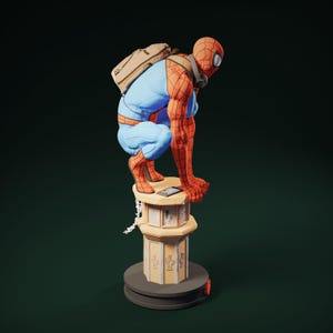 May include: A 3D-rendered figurine of Spider-Man in a crouching pose, wearing his signature red and blue suit, backpack, and mask. The figure is perched atop a decorative column with a small device. The background is a dark green.