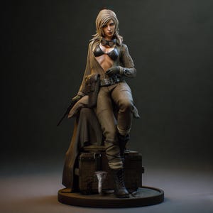 May include: A detailed figurine of a blonde character wearing a dark olive flight suit, a black bikini top, and black gloves. The character has goggles around their neck, a belt with a holster, and black boots, sitting on a wooden crate base.