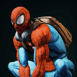 May include: A detailed 3D rendering of Spider-Man in a crouching pose. The figure is clad in a red and blue suit, complete with a backpack, headphones, and a mask with white eye lenses. The suit's texture is intricately detailed, and the overall aesthetic is modern.