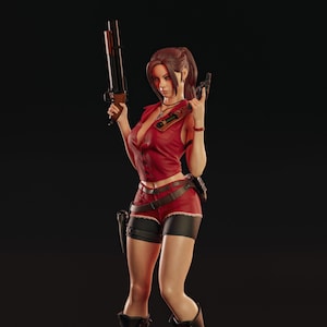以下が含まれることがあります： 赤いトップスとショートパンツを着た女性のフィギュアで、ショットガンとハンドガンを持っています。フィギュアは茶色の髪で、黒いブーツを履いています。背景は無地の黒です。
