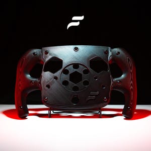 May include: A black racing wheel with a central hexagonal pattern and multiple bolt details. The wheel has two curved handles and a logo at the top. The background is black with a red glow at the bottom.