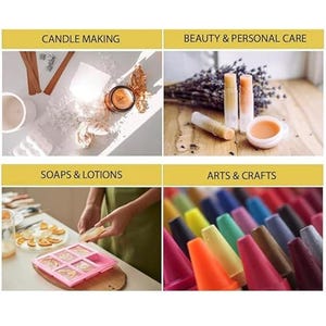 Puede incluir: Imagen que muestra cuatro categor&iacute;as: fabricaci&oacute;n de velas, belleza y cuidado personal, jabones y lociones, y artes y manualidades. La fabricaci&oacute;n de velas incluye suministros. Los productos de belleza incluyen b&aacute;lsamos labiales y una crema. Jabones y lociones muestran a una persona sosteniendo jab&oacute;n. Artes y manualidades presenta crayones coloridos.