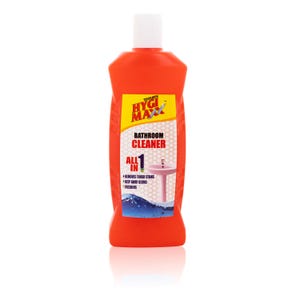 May include: An orange bottle of Hygi Maxx Bathroom Cleaner with a white cap. The label features the text "Bathroom Cleaner" and "All in 1". The label also shows a pink sink graphic and the words "Removes tough stains", "Keep away germs", and "Freshens".
