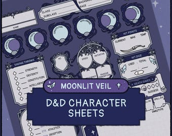 Moonlit Veil DnD Character Sheets | Hand-Drawn Journal | Printable & Fillable PDF (A4 + Letter)