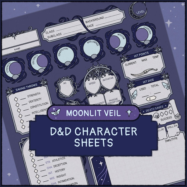 Moonlit Veil DnD Character Sheet | Printable & Fillable PDF | Gothic Fantasy RPG Sheet (A4 + Letter)