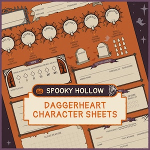 May include: An orange Daggerheart character sheet for tabletop roleplaying games, featuring a Spooky Hollow theme with spiderweb borders, tombstone-shaped stat boxes, and ghost illustrations. The layout includes sections for attributes, hope, and armor.