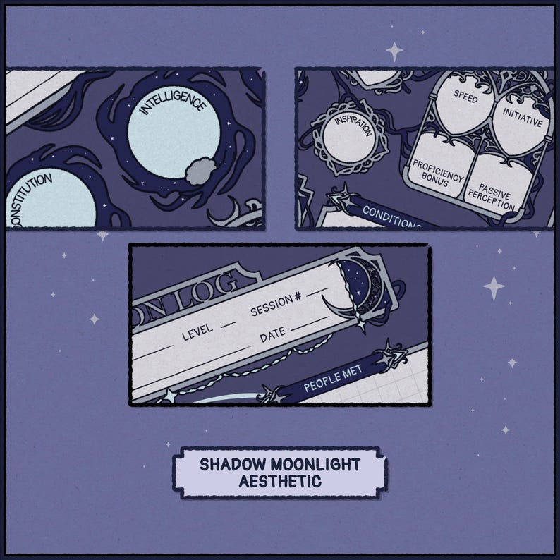 May include: Aesthetic design with a dark blue background featuring various game elements. Includes cards labeled "Intelligence," "Inspiration," "Speed," and a "Moon Log" with fields for level and date. The text "Shadow Moonlight Aesthetic" is also present.
