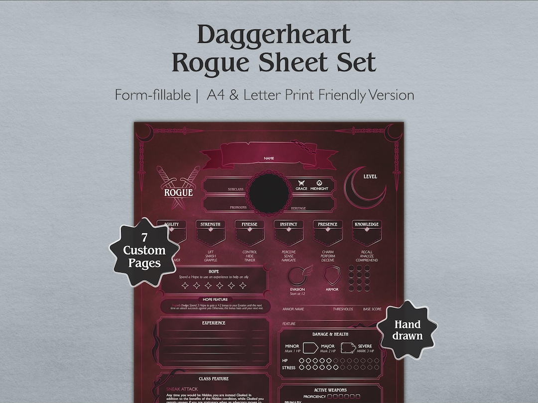 Rogue Letters Rogue Daggerheart Character Sheet | Printable + Fillable PDF (A4 ...