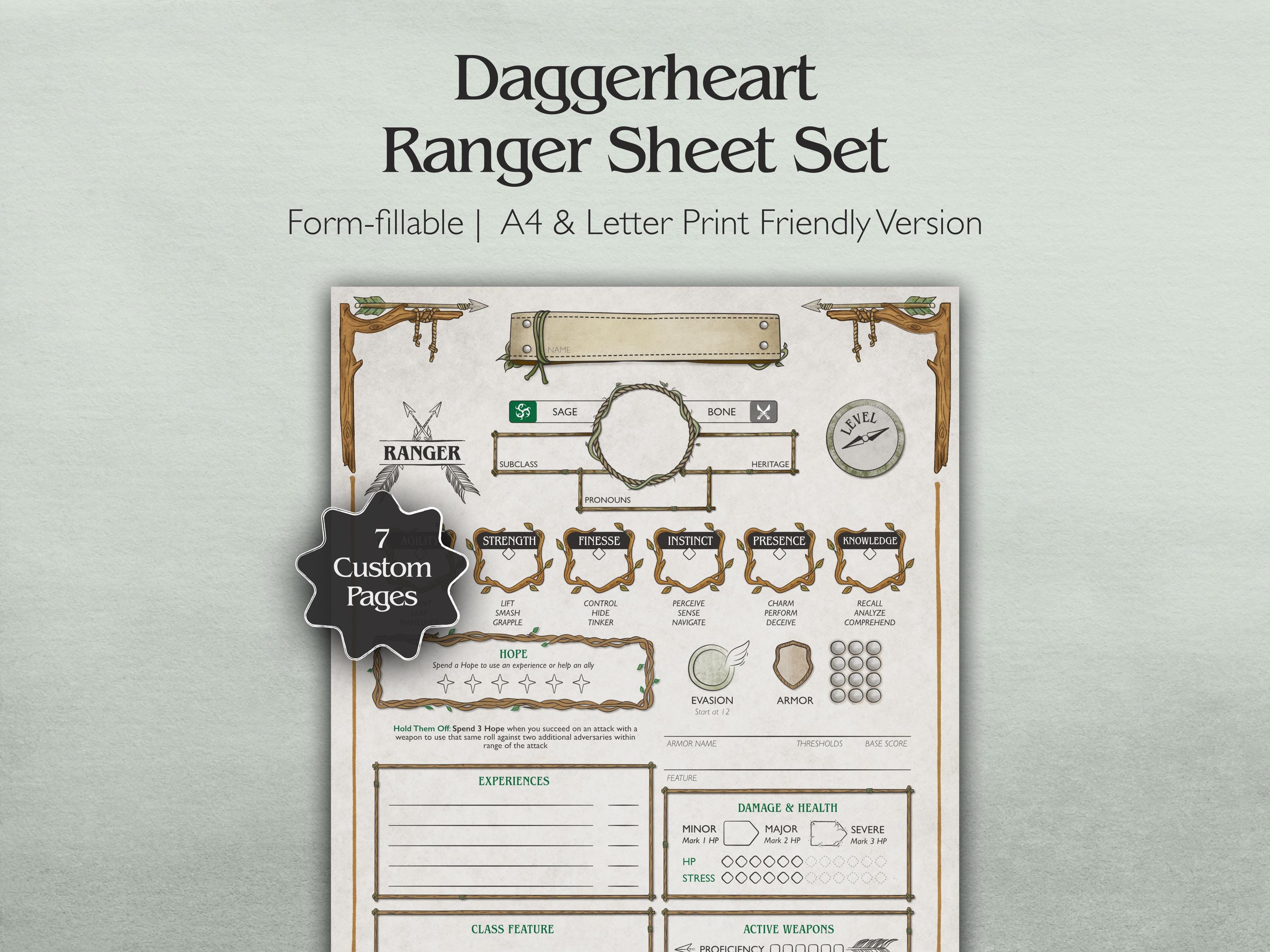 Ranger Daggerheart Character Sheet | Printable + Fillable PDF (A4 ...