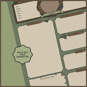 May include: A character sheet with a green and brown border. The sheet includes sections for appearance, backstory, personality traits, ideals, bonds, and allies. The text "Build Out Your Character" is in a green cloud-shaped box.
