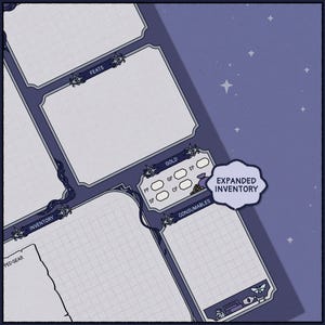May include: A detailed, illustrated game sheet with sections labeled "Feats," "Inventory," and "Expanded Inventory." The sheet has a dark blue border and a light blue interior with a starry background. The "Expanded Inventory" section is highlighted.