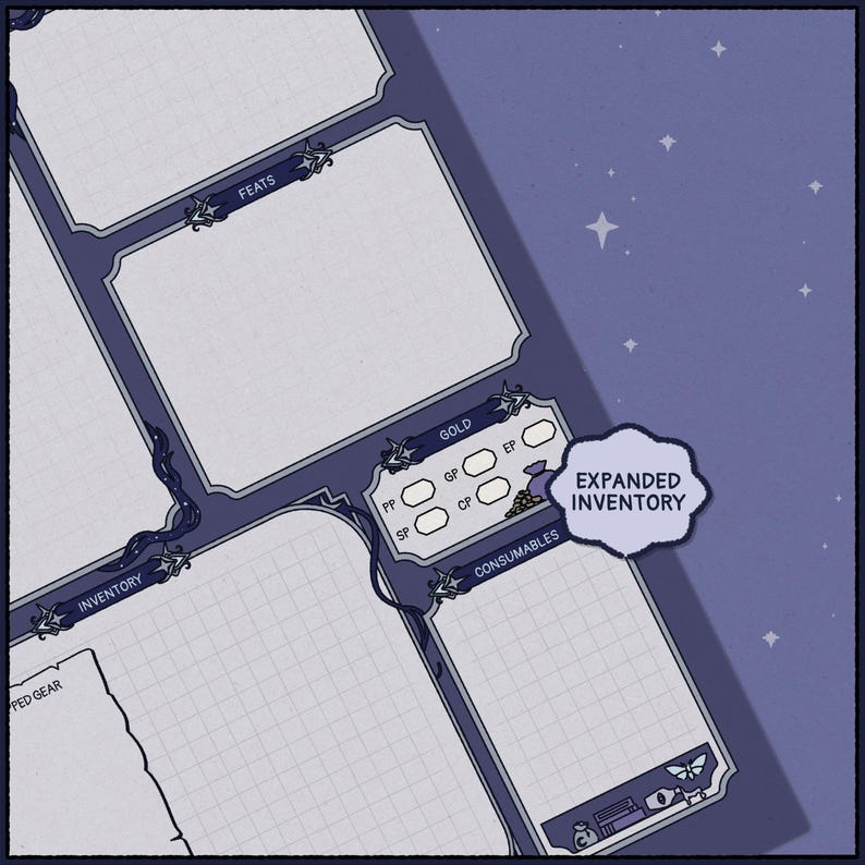 May include: A detailed, illustrated game sheet with sections labeled "Feats," "Inventory," and "Expanded Inventory." The sheet has a dark blue border and a light blue interior with a starry background. The "Expanded Inventory" section is highlighted.