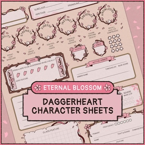 Könnte beinhalten: Ein Daggerheart-Charakterbogen in Rosa und Beige. Der Bogen enthält Abschnitte zur Verfolgung von Charakterwerten, Fähigkeiten und Eigenschaften. Der Titel "Eternal Blossom" wird zusammen mit dem Text "Daggerheart Character Sheets" angezeigt.