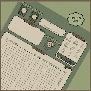 May include: A detailed, vintage-style game sheet labeled "Spells Page!" with sections for spell slots, spell lists, and a concentration tracker. The sheet includes areas for spellcasting ability, cantrips, and spell save DC.