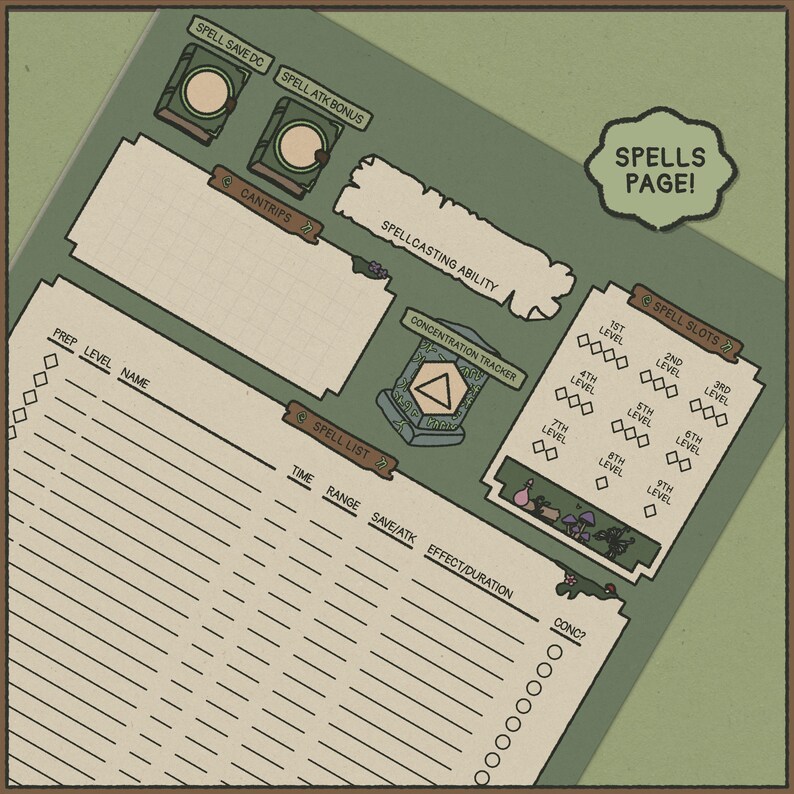 May include: A detailed, vintage-style game sheet labeled "Spells Page!" with sections for spell slots, spell lists, and a concentration tracker. The sheet includes areas for spellcasting ability, cantrips, and spell save DC.