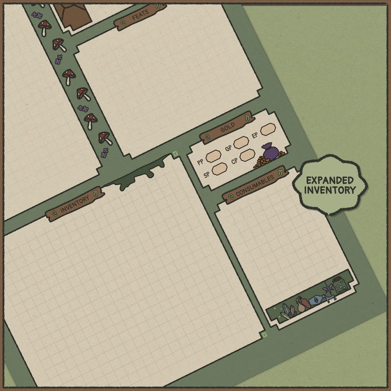 May include: A detailed, top-down view of a fantasy game map with labeled sections. The map features areas labeled "Inventory," "Feats," and "Consumables." A section labeled "Expanded Inventory" is also present. The map is colored in shades of green and beige.