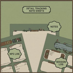 May include: A collection of detail tracking note sheets with a green and brown color scheme. The sheets include sections for NPC logs, session logs, and general notes. The text "DETAIL TRACKING NOTE SHEETS" is at the top.