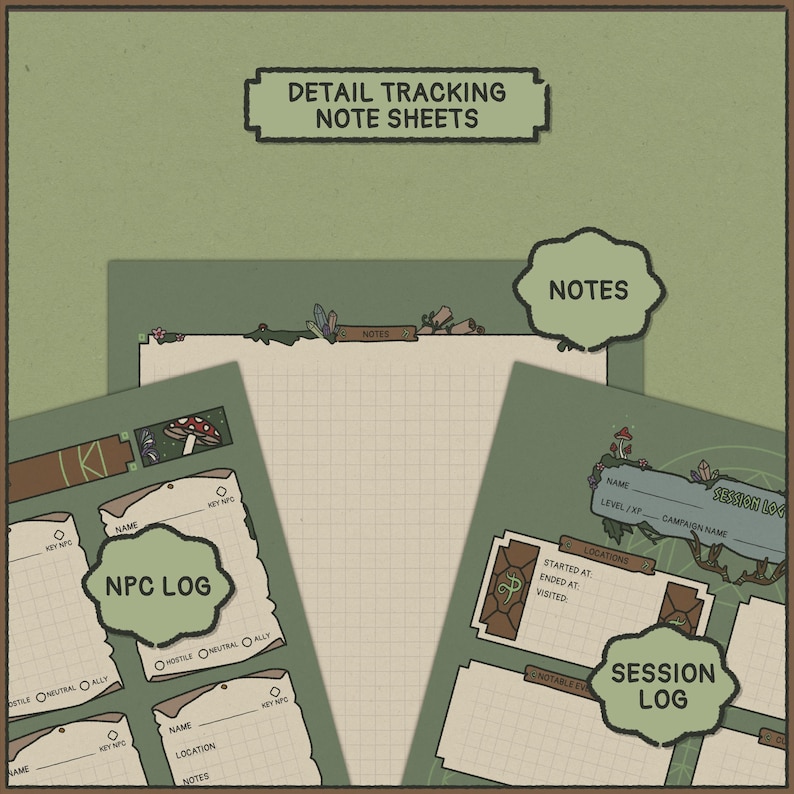 May include: A collection of detail tracking note sheets with a green and brown color scheme. The sheets include sections for NPC logs, session logs, and general notes. The text "DETAIL TRACKING NOTE SHEETS" is at the top.
