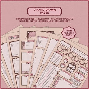 A stack of seven hand-drawn pages for DnD. The pages include character sheets, inventory, and spell sheets. The text on the pages includes "Character Sheet", "Inventory", "Character Details", "NPC Log", "Notes", "Session Log", and "Spells Sheet". The pages are form fillable PDFs.