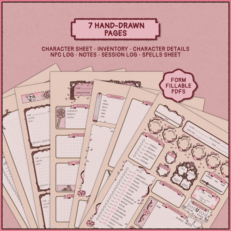 A stack of seven hand-drawn pages for DnD. The pages include character sheets, inventory, and spell sheets. The text on the pages includes "Character Sheet", "Inventory", "Character Details", "NPC Log", "Notes", "Session Log", and "Spells Sheet". The pages are form fillable PDFs.