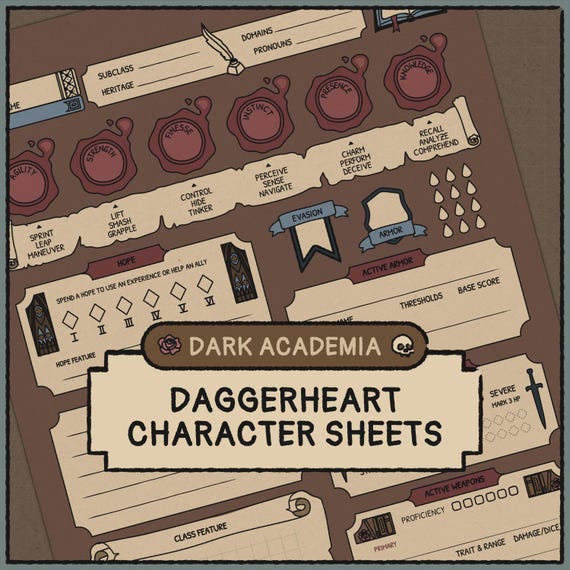 Dark Academia Daggerheart Character Sheet | Printable & Fillable PDF (A4 + Letter)