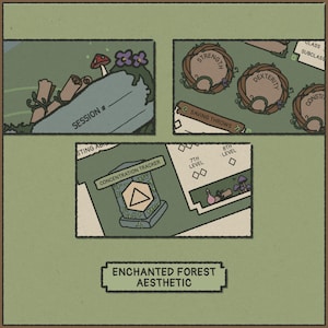 May include: An illustrated game board with an "Enchanted Forest Aesthetic." The board features sections for "Session #," "Strength," "Dexterity," and "Constitution." Other sections include "Saving Throws," a "Concentration Tracker," and level indicators. The color palette is primarily green and brown.