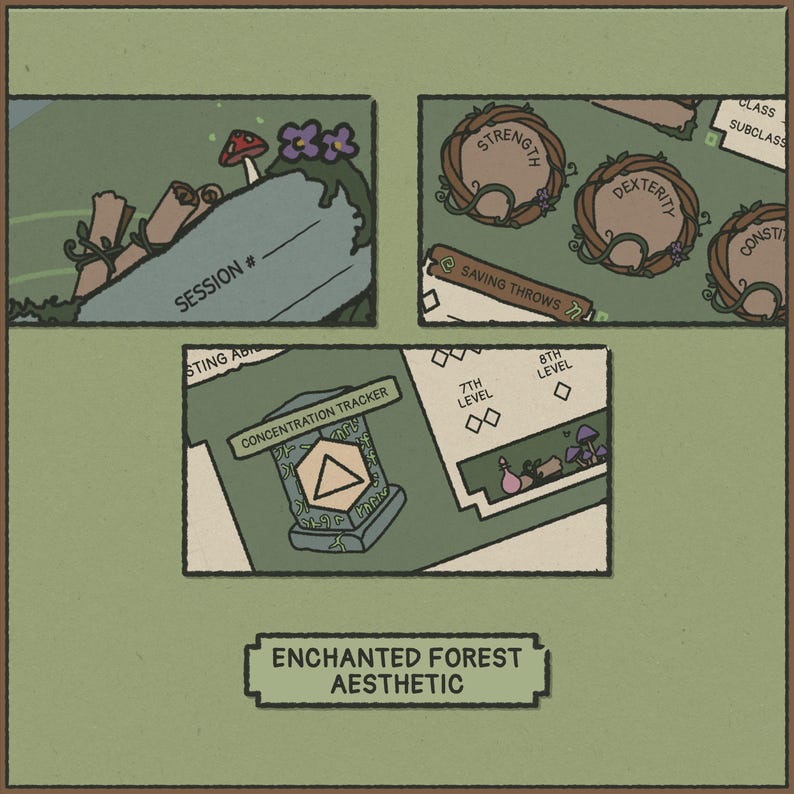 May include: An illustrated game board with an "Enchanted Forest Aesthetic." The board features sections for "Session #," "Strength," "Dexterity," and "Constitution." Other sections include "Saving Throws," a "Concentration Tracker," and level indicators. The color palette is primarily green and brown.