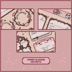 May include: Aesthetic cherry blossom-themed game cards with pink and brown accents. The cards feature floral designs, text, and areas for notes. The text includes "Intelligence," "Initiative," and "Hit Dice."