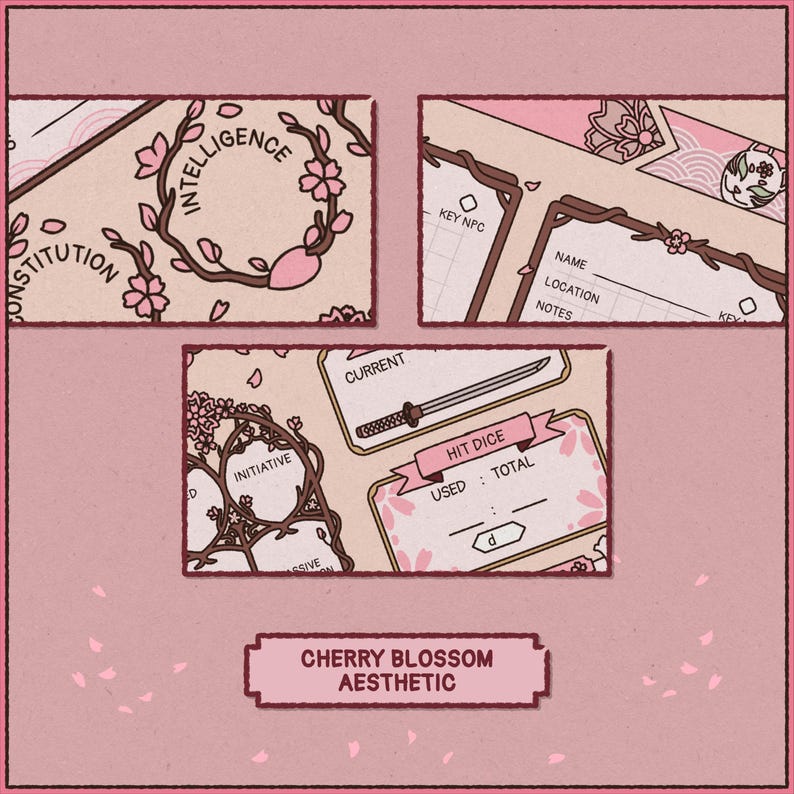 May include: Aesthetic cherry blossom-themed game cards with pink and brown accents. The cards feature floral designs, text, and areas for notes. The text includes "Intelligence," "Initiative," and "Hit Dice."