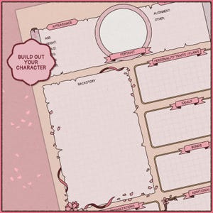 A pink character sheet with a grid pattern, designed for role-playing games. It features sections for appearance, backstory, personality traits, ideals, and bonds. The sheet includes the text "Build Out Your Character" in a pink bubble.