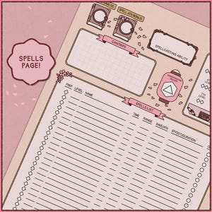 May include: A pink and beige spells page with the text "SPELLS PAGE!". The page includes sections for cantrips, spellcasting ability, and a spells list. Decorative elements include floral accents and a pink lantern.