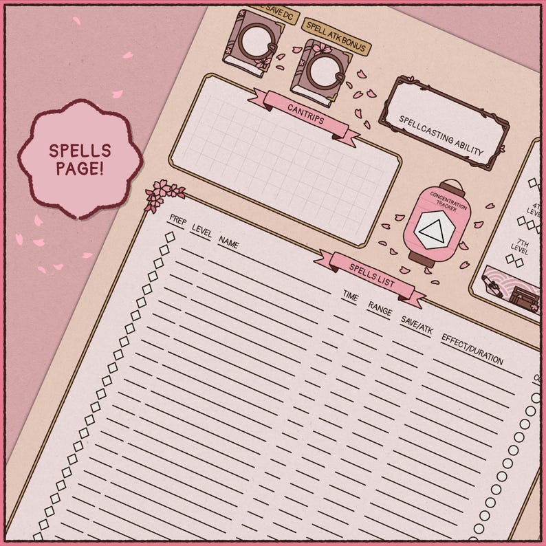 May include: A pink and beige spells page with the text "SPELLS PAGE!". The page includes sections for cantrips, spellcasting ability, and a spells list. Decorative elements include floral accents and a pink lantern.