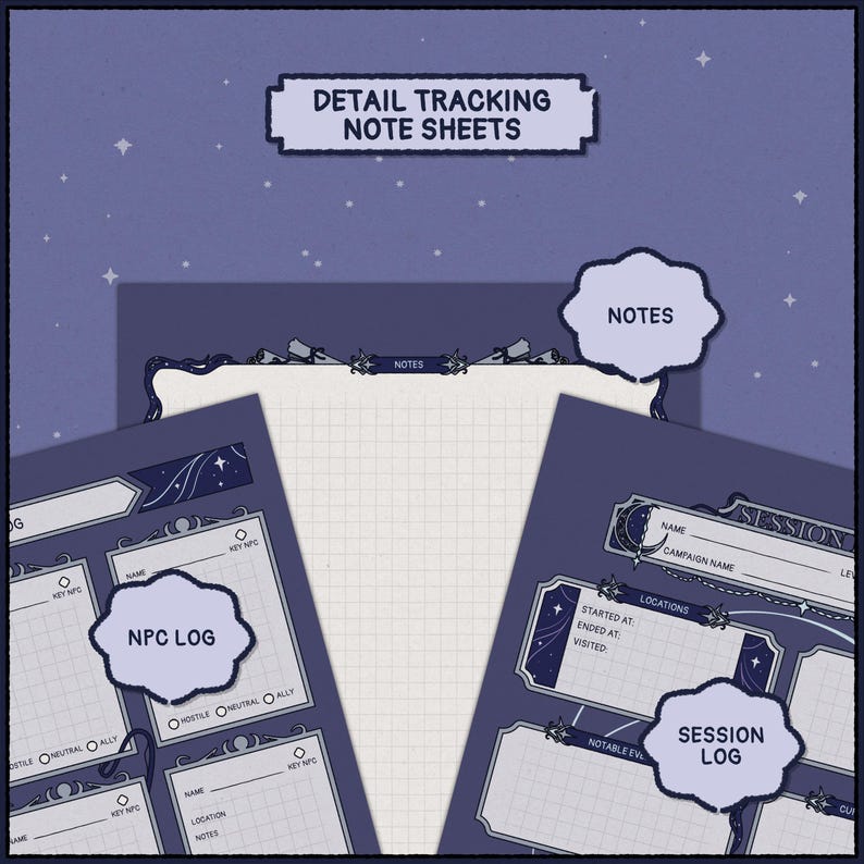 May include: Detail tracking note sheets with sections for NPC log, session log, and notes. The sheets have a dark blue and white color scheme with a grid pattern. The text "DETAIL TRACKING NOTE SHEETS" is at the top.