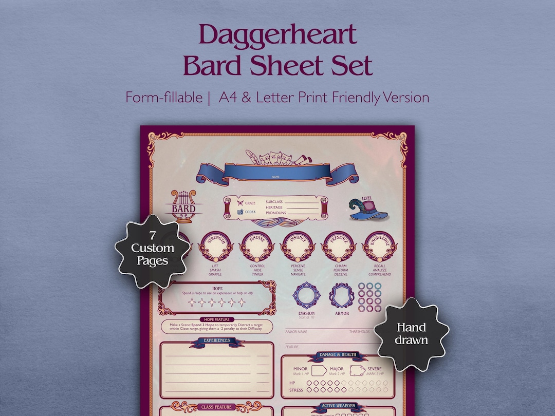 Bard Daggerheart Character Sheet | Printable + Fillable PDF (A4 ...