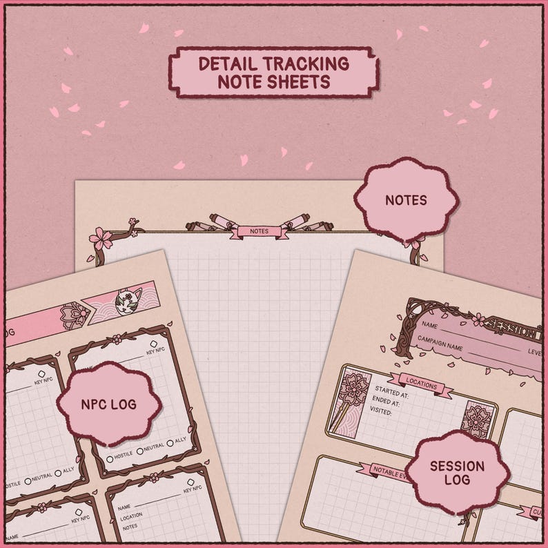 May include: Detail tracking note sheets with pink floral accents. The sheets include sections for NPC log, notes, and session log. The text "DETAIL TRACKING NOTE SHEETS" is at the top.