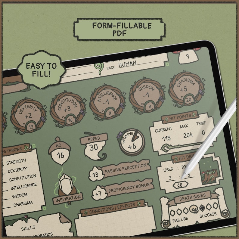 Enchanted Forest DnD Character Sheet | Printable & Fillable PDF (A4 + Letter) image 4