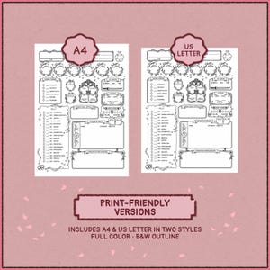 Printable DnD character sheets shown in A4 and US Letter formats with print-friendly black and white outline versions.