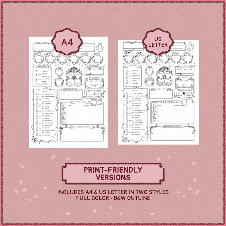 Printable DnD character sheets shown in A4 and US Letter formats with print-friendly black and white outline versions.