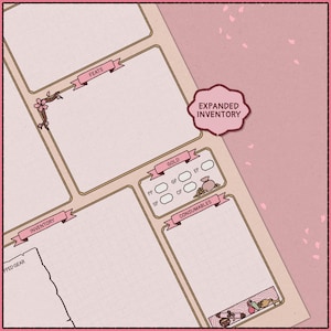 May include: A pink and cream-colored game sheet with labeled sections for inventory, feats, and consumables. The text "Expanded Inventory" is in a pink bubble. Decorative cherry blossom accents and ribbon banners add detail.